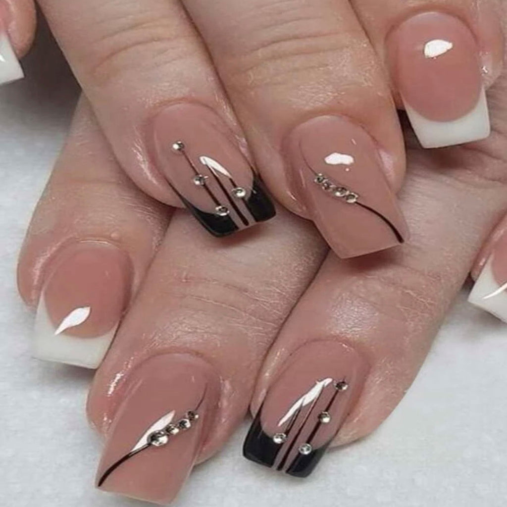 LH ORIGINAILS ready-to-wear manicure set 24 press-on nails + 5 square french rhinestone accessories